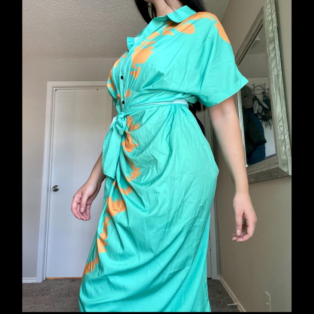 Mint contemporary maxi dress with orange accents. - Picture 7 of 16